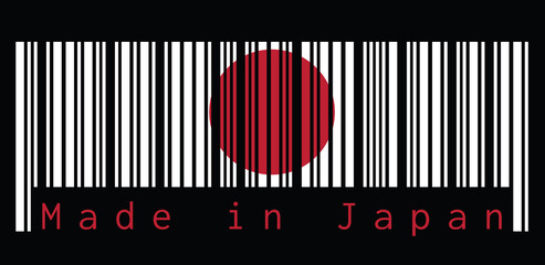 Barcode set the color of Japan flag, the white color and red sun on black background with text: Made in Japan. concept of sale or business.