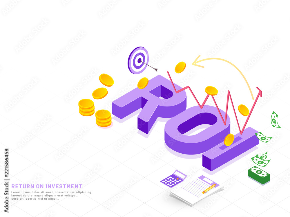 Poster purple 3d text roi on white background with infographic elements and coin stack for return on invest