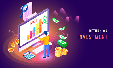 Return on investment (ROI) isometric background with growth or profit graphs, money, and miniature business person analysing the stats.