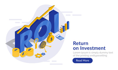 Blue 3d text ROI with infographic element, financial info chart and coin stack for Return On Investment concept based web template design.