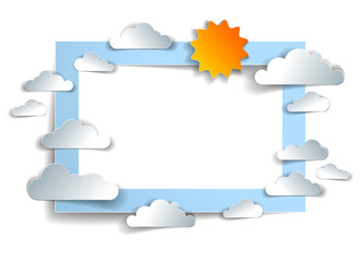 Birds flying in the sky among beautiful clouds and sun, background or frame with copy space for text, greeting card, summer cloudscape, vector illustration in paper cut kids style.