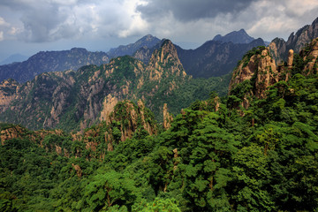 Fototapeta na wymiar Huangshan China National Park - Anhui Province, Chinese Mountain Peak. Viewing Platform, Yellow Granite Mountains with Canyon, Exotic Pine Trees and Forest, Jagged Cliffs, UNESCO World Heritage Site