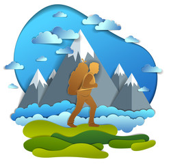 Hiker man walking through grasslands with high mountain peaks in background. Vector illustration of scenic nature with hiking guy carrying backpack, climber. Summer vacations.