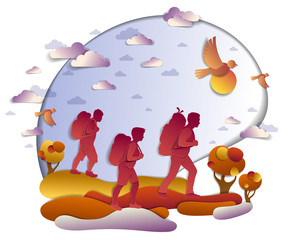 Happy active family hiking in autumn through meadows and fields with trees and birds in the autumnal sky. Father mother and son hikers having time of freedom in nature, vector illustration.