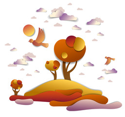 Scenic autumn landscape of meadows and trees, cloudy sky with birds and sun, fall fields and grasslands vector illustration in paper cut kids style. Autumn in countryside, travel and tourism.
