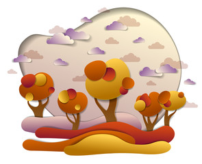 Scenic autumn landscape of meadows and trees, cloudy sky with birds and sun, fall fields and grasslands vector illustration in paper cut kids style. Autumn in countryside, travel and tourism.