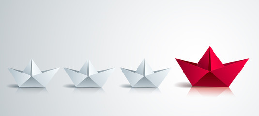 Leadership concept visualized with origami folded ship toys one of them is swimming in the front and leading the team group, vector modern style 3d realistic illustration.