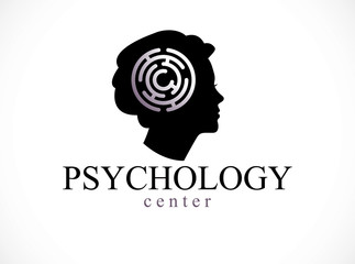 Mental health and psychology conceptual logo or icon created with woman face profile and maze, psychoanalysis and psychotherapy of human mind concept. Vector simple classic design.