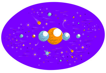 Fantastic planets in undiscovered galaxy with stars, comets, asteroids and other elements. Explore universe, breathtaking space science. Thin line 3d vector illustration isolated on white.