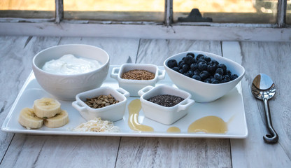 Healthy Breakfast Choice Ingredients-Greek Yogurt with fruit, flax seeds, sunflower seeds, chia seeds and honey