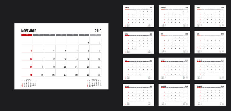 Vector design template of calendar for 2019 year.