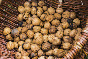 vegetarian Walnut assortment in a wooden basket on german lifestyle market
