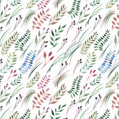 Tender beautiful gentle autumn wonderful colorful herbal floral red yellow orange grass, leaves and berries pattern watercolor 