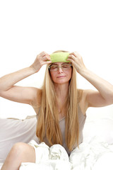 middle age woman tide real portrait sweat bed bedroom blonde long hair fifty plus 50 fever sick...