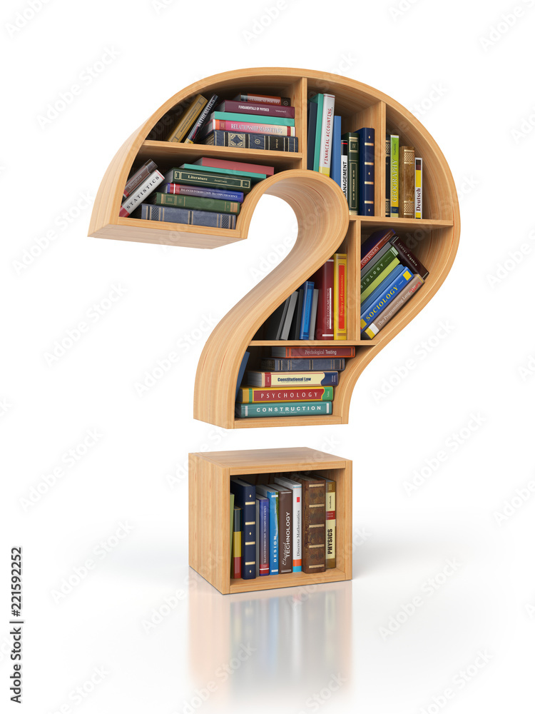 Poster Searching information or FAQ concept. Bookshelves with books and textbooks in the shape of question mark,
