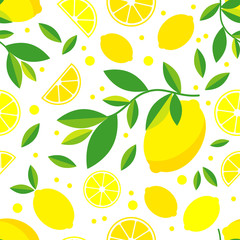 Seamless pattern with decorative lemons. Cute cartoon. Summer garden. Lemon jam. Vector illustration. Textile rapport.