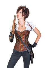 steampunk woman wearing vintage corset and goggles