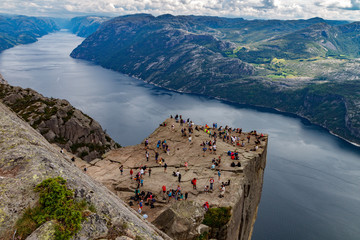 Preikestolen, pulpit rock with many tourists, top view