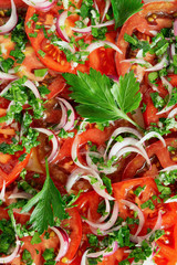 slices of tomatoes with white vine vinegar, oilve oil, red onion, chopped parsley, and garlic 