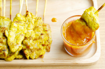 Pork Satay grilled with Peanut Sauce to eat for Thai local street food