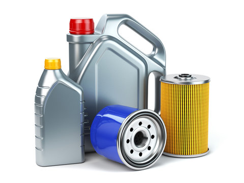Car oil filter and motor oil canisters isolated on white background. Auto service and car maintenance concept.