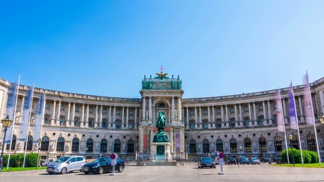  Hofburg Palace - Neue Burg seen from the Heldenplatz on a summer sunny day. Time lapse. 