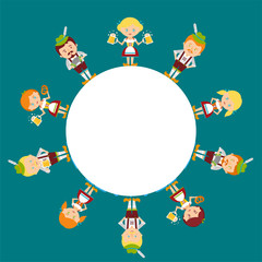 Vector set of characters Oktoberfest beer festival. Men and women in traditional Bavarian costume. Round frame