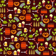 Seamless pattern of Oktoberfest. Oktoberfest beer festival icons. Oktoberfest symbol: mug, bottle, snack, beer ingredients.