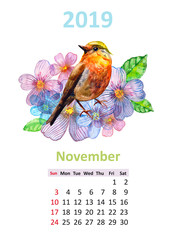 romantic floral banner with bird. Calendar for 2019, november