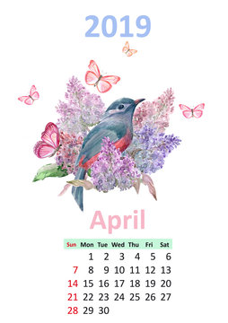 romantic floral banner with bird. Calendar for 2019, april