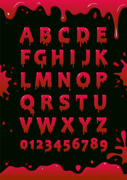 Font of blood. Blot alphabet. Letters and numbers with red slime. Vector poster