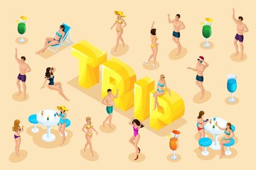 Isometrics trip, rest, people in summer, girls in bathing suits, men in swimming trunks, sand, sea, beach, big letters, inscription font