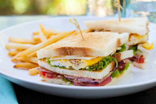 Club sandwich with french fries on a white plate. Summer outdoor background.