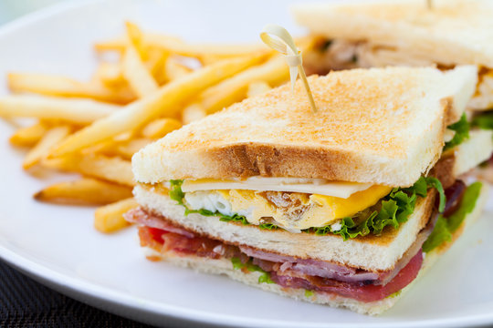 Club sandwich with french fries on a white plate. Close up.