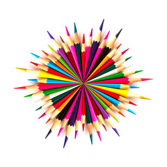 Color pencils are arranged in a circle. Isolated on white background. Pointed sides are narrowed and stretched
