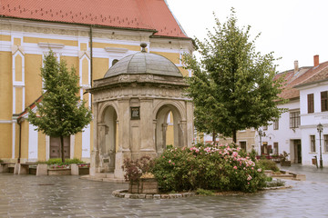 Historical Fountain. Fount by St Emeric Church on Jurisics Square, old town. Hungary, Koszeg, western Transdanubie, Hungary.