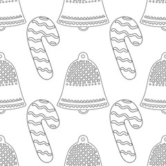 Gingerbread, bells. Black and white illustration for coloring book or page. Christmas, holiday background.