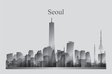 Seoul city skyline silhouette in grayscale
