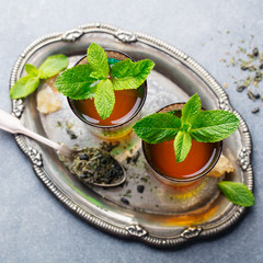 Mint tea, Moroccan traditional drink in glass. Top view.