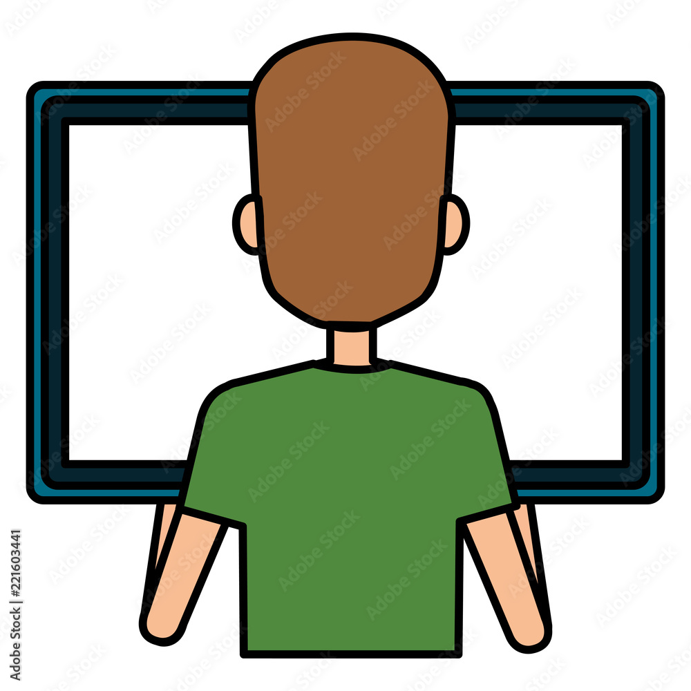 Poster man using computer desktop