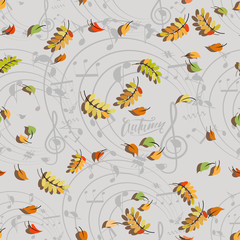 AUTUMN. Dancing leaves and musical notes. Musical pattern. Background composition for design of advertising, announcements, sites and printing on paper or fabrics, packaging of musical instruments.