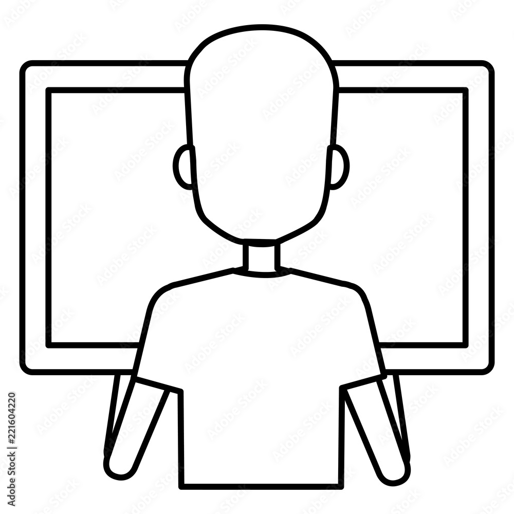 Poster man using computer desktop
