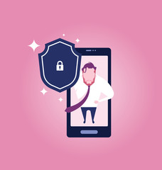 Businessman standing on a smart phone (mobile phone) and looking upward and holding a shield