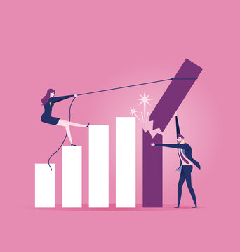 Businessman trying to hold on the breaking and falling down growth rate graph bar