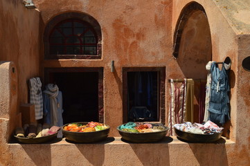 Beautiful Showcase Of A Silk Store In Oia On The Island Of Santorini. Architecture, landscapes, travel, cruises. July 7, 2018. Island of Santorini, Thera. Greece.