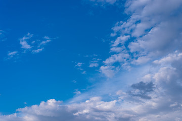 Naklejka na ściany i meble Beautiful blue sky with clouds on a hot summer day.