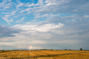 A small piece of rainbow over the field on a hot summer stormy day with a sky in the background.