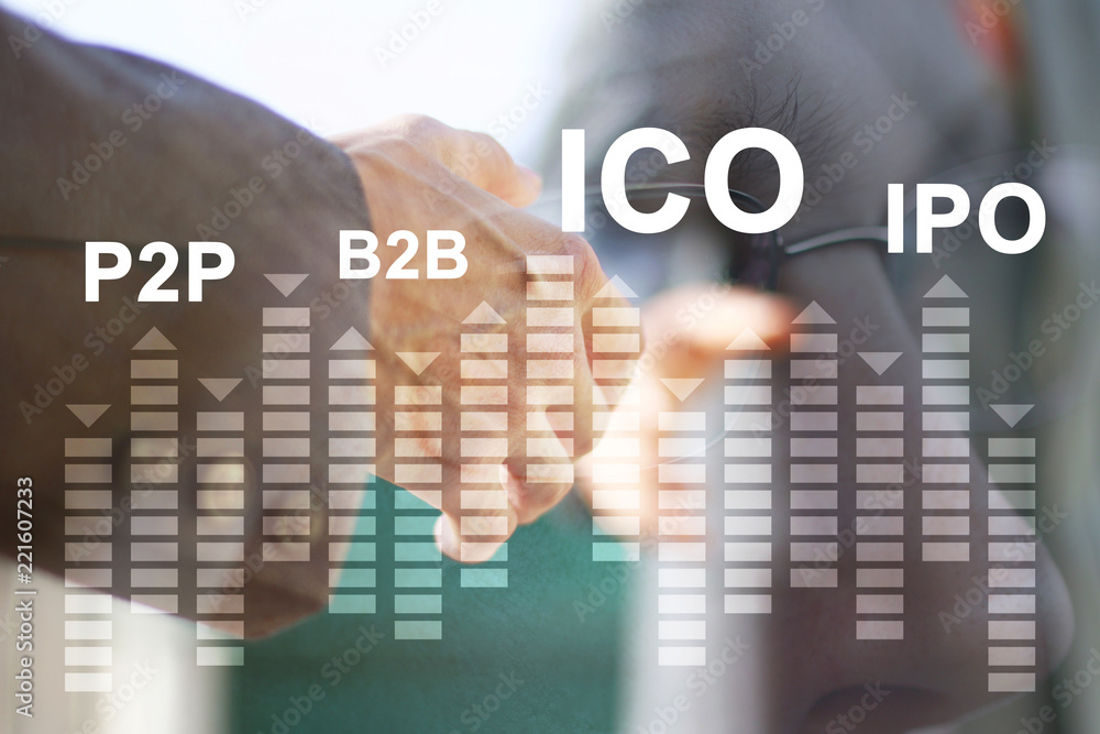 Poster businessman presses button ico initial coin offering on virtual diagram digital electronic user inte