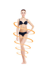 Fit and slender girl in swimsuit. Perfect female shape. Medicine, weight loss, fat burn and healthcare concept.