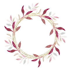 Fototapeta na wymiar Golden circle and watercolor leaves wreath
